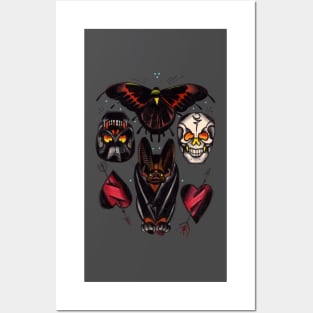 old school moth, bat, skulls and heart tattoo flash shirt Posters and Art